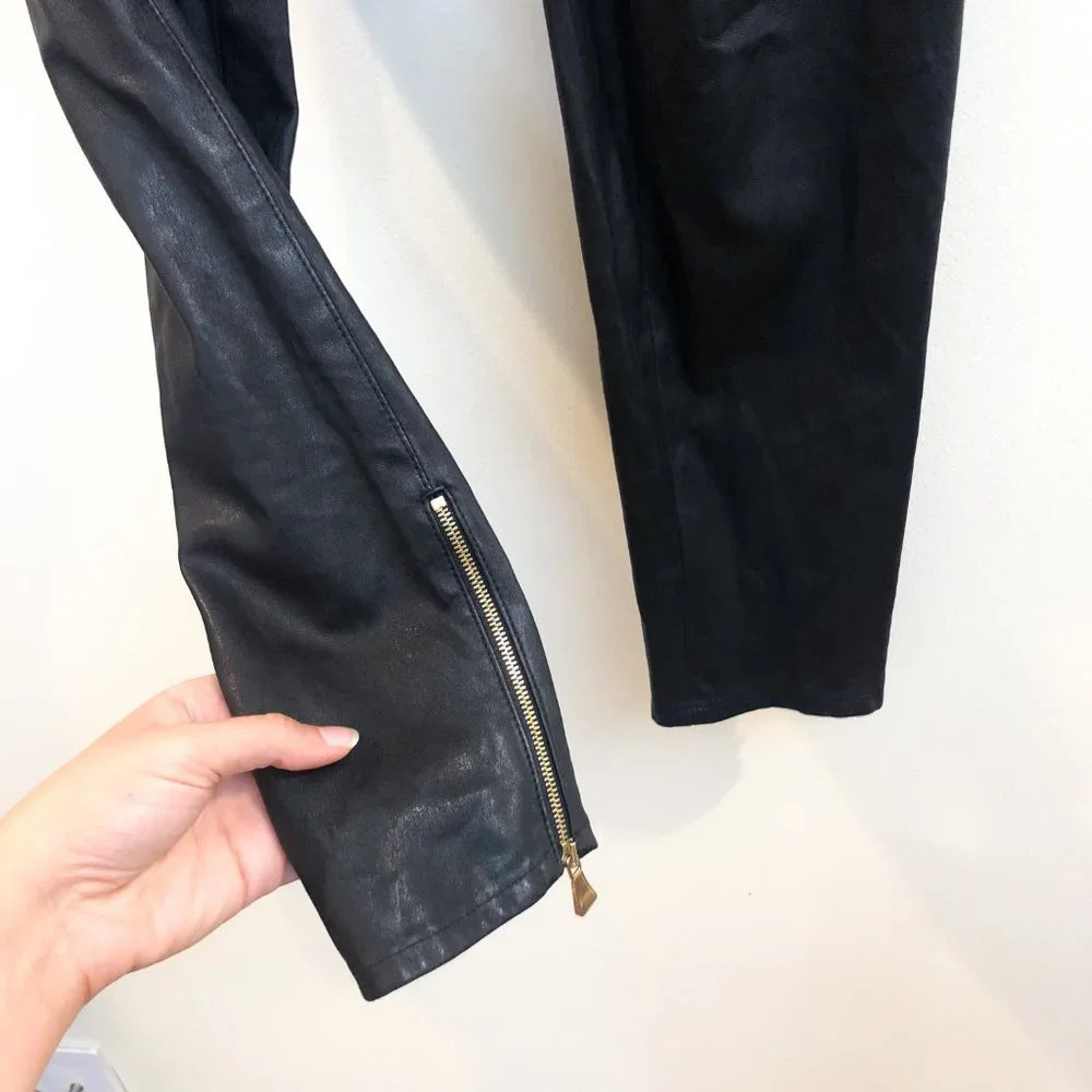 Escada Layla 100% Lamb Leather Gold Hardware Black Designer Skinny Pants ALTERED - Picture 3 of 15